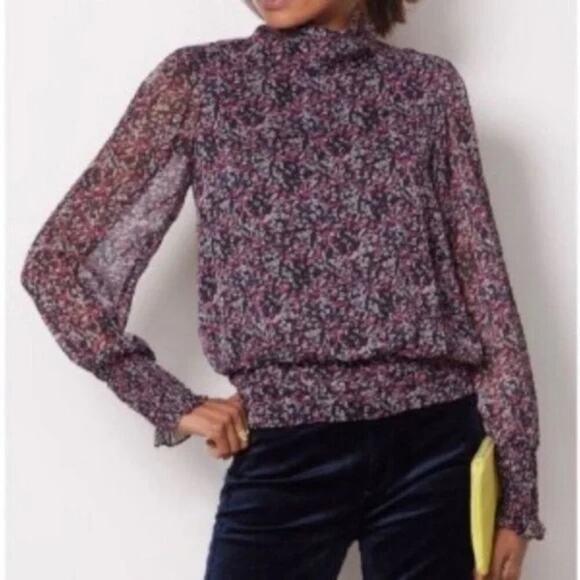 NWT Evereve Floral Scarlett Gathered Blouse Sheer Sleeves | Pink Purple | SZ S - Picture 1 of 13